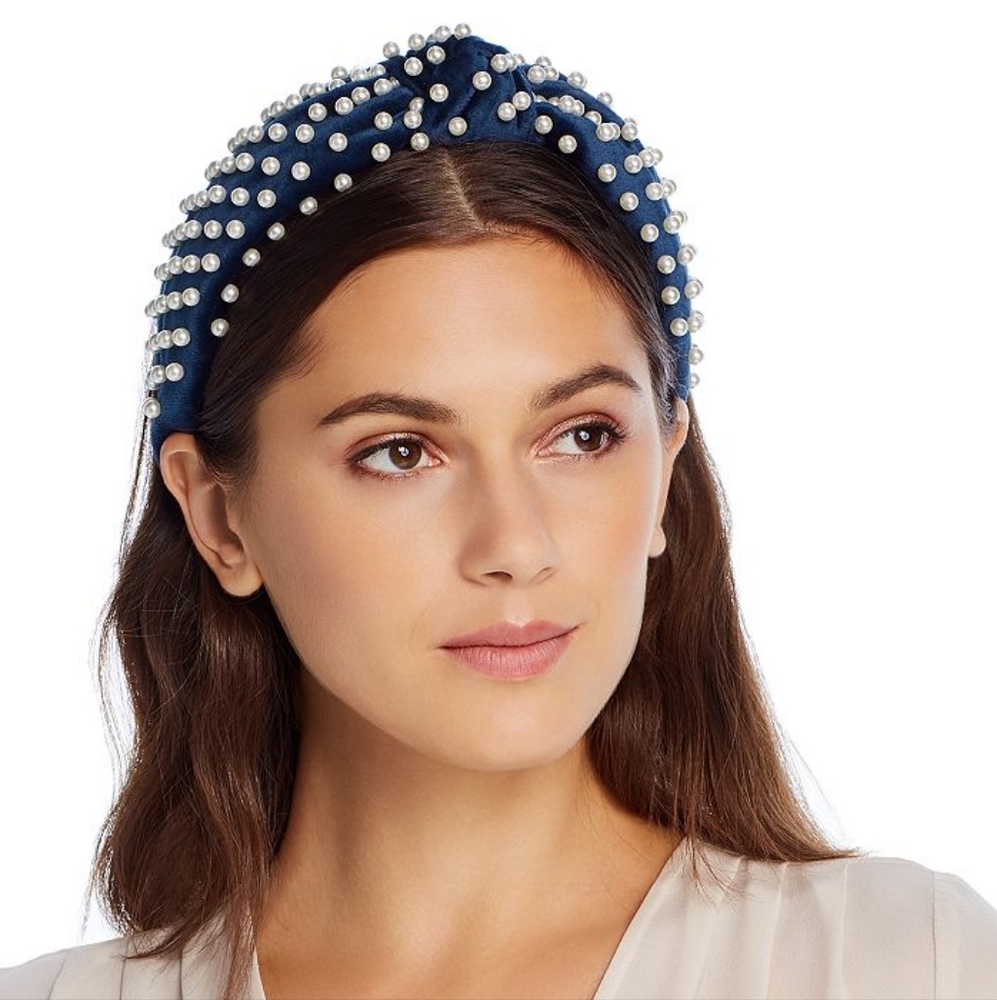 Lele Sadoughi Velvet Pearl Knotted Headband - Navy and White Pearls